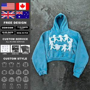Hoodie personnalisé en gros 100% Coton de luxe, sans cordon, coupe carrée, grammage lourd, oversize, avec impression de lettres et impression en relief, coupe courte - Product Image 2