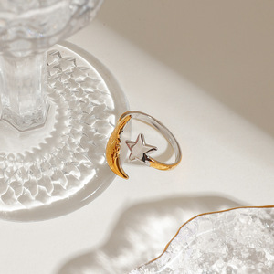 Star And Moon <b>Open</b> <b>Ring</b> Two Tone Stainless Steel Minimalist Design Unisex Jewelry Gift - Product Image 3