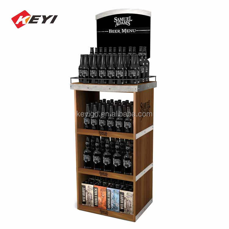Supermarket Floor Standing Wooden Beer Wine Bottle Display Stand Rack