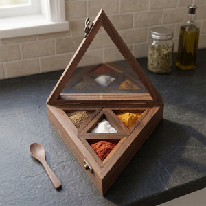 Handmade Sheesham Wood Triangle Spice <b>Box</b> Glass Lid Food Grade Dishwasher Safe Durable Masala Storage <b>Herb</b> Spice Tools - Product Image 6
