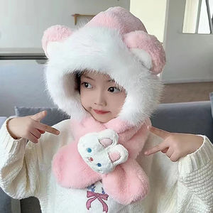 ชุดหมวกและผ้าพันคอตุ๊กตาการ์ตูนสำหรับเด็กฤดูหนาวอุ่นๆ ป้องกันคอพร้อมหูหมี สีบานเย็น ชุด 2 ชิ้น - Product Image 3