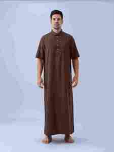 <b>Men's</b> Cotton <b>Thobe</b> Shirt Collar Short Sleeve Floor Length Solid Color Breathable Modest Prayer Wear - Product Image 2