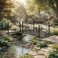 Pont de jardin écologique en fer thermolaqué noir pour ruisseau, étang ou bassin, avec barrières de sécurité – Fournisseur direct usine