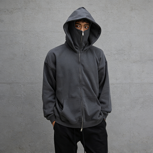 Sweat à capuche ninja zippé pour homme, streetwear, doublé en polaire, masque facial amovible, coupe-vent, fermeture éclair intégrale, pour balaclava urbaine et logo personnalisé - Product Image 1