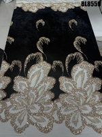 Tissu en dentelle de velours brodé à la main de Dubaï, tissu en tulle brodé de fleurs françaises, paillettes et perles pour robe de mariée