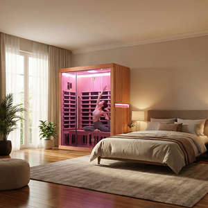 Sauna de infrarrojos lejanos para uso doméstico, para desintoxicación y pérdida de peso, cabina de sauna interior para 2 personas, de madera de hemlock, con 15 calentadores de carbono y reproductor de música. - Product Image 2