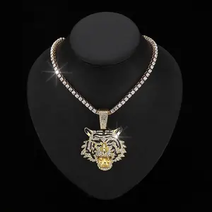 Iced Out 5mm Tennis Chain Hip Hop Alloy And Bling Rhinestone Tiger Head Pendant Necklace Jewelry