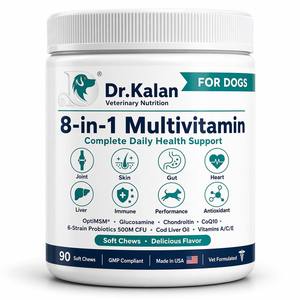 Dr.Kalan - Masticables Blandos Multivitamínicos 8 en 1 para <span class=keywords><strong>Perros</strong></span>, 90 Unidades, <span class=keywords><strong>Vitaminas</strong></span>, Minerales, <span class=keywords><strong>Articulaciones</strong></span>, Piel, Inmunidad, Digestión, Marca Privada OEM, NSF, CGMP - Product Image 1