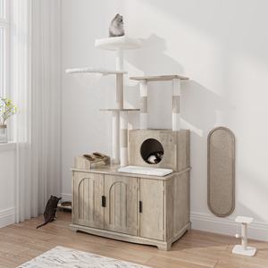 Caja de arena grande para gatos, muebles, casa de madera para gatos con poste rascador - Product Image 3