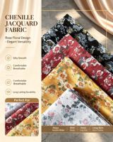 Tissu jacquard chenille élégant au toucher ferme, motif floral rose pour robes abaya et rideaux de canapé
