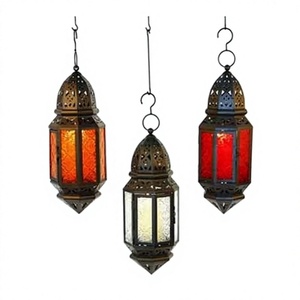 Hanging Moroccan Lanterns Hexagonal Metal <b>Candle</b> Holders <b>Red</b> Orange White Glass Home Decoration Durable - Product Image 1
