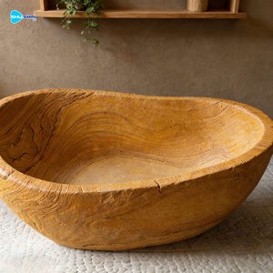 Baignoire autoportante d'intérieur de style occidental en marbre beige de forme ovale en pierre naturelle à vendre - Product Image 2