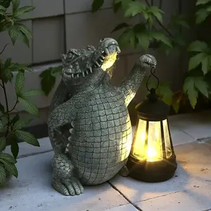 Graue Harz Krokodil Laternen halter Statue mit leuchtendem Licht, realistische Reptilien skulptur für Garten Patio Dekor - Product Image 5