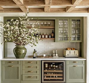 BALOM Customized Farmhouse Olive Green <b>Kitchen</b> Cabinet <b>Furniture</b> - Elegant Cabinetry with Ribbed Doors & Open Storage Shelves - Product Image 4