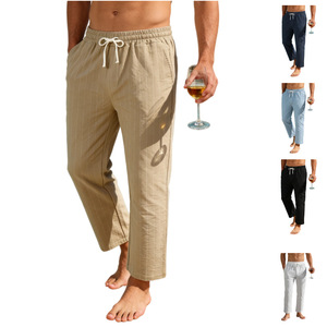 Men's Linen Striped Straight Fit Drawstring Pants Breathable <b>Summer</b> Casual Long <b>Trousers</b> - Product Image 1