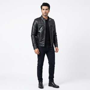 Outdoor Coated <b>Leather</b> Motorcycle <b>Jacket</b> for <b>Men</b> with Standing Collar Hooded Design Vintage Style Front Logo-Autumn Ready - Product Image 1