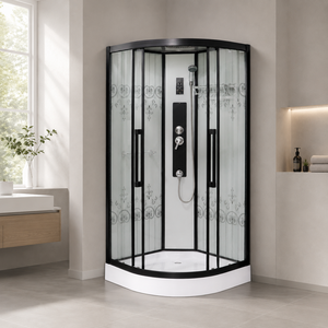 Cabina Doccia Angolare Nera Opaca con Cornice e Vetro Satinato con Motivo Damascato, Doccia a Pioggia per Ristrutturazione Appartamenti - Product Image 1
