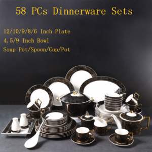 Set da pranzo in porcellana di porcellana di osso in stile reale di lusso set da tavola in bianco e oro nero regalo di famiglia di nozze set di stoviglie 58 pezzi - Product Image 2