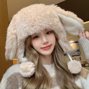 Mùa đông trắng sang trọng phim hoạt hình tai thỏ Lei Feng Mũ Nữ giảm tuổi ngọt ngào và đáng yêu mũ bảo vệ tai ấm áp - Product Image 2