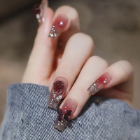 Uñas postizas artificiales de almendra con diseño de flor 3D y puntos negros, hechas a mano, de buena calidad, para dedos.