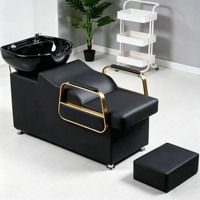 Ensemble de mobilier de salon moderne noir et or : Fauteuil de coiffure, lit de lavage, miroir LED, chariot et équipement de coiffure pour barbier