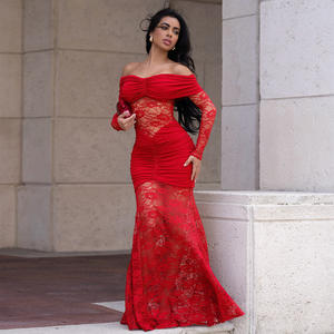 C7620 Nouvelle <span class=keywords><strong>Robe</strong></span> <span class=keywords><strong>de</strong></span> Soirée Mixi Plissée Élégante pour <span class=keywords><strong>Femme</strong></span>, Épaules Dénudées, Dentelle, Manches Longues, Sexy, Froncée, Printemps 2026 - Product Image 4