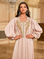 Robe de soirée minimaliste pour femmes, col rond, manches bishop complètes, satin, tunique arabe, avec broderies dorées et décorations de perles