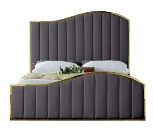 Luxurious Gold plated tall headboard upholstery bed modern velvet leather bed 1.8 m king queen double bed frame