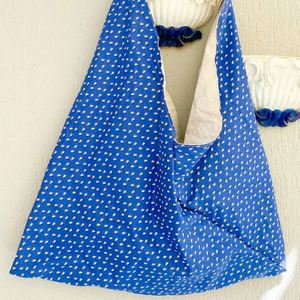 Grand sac fourre-tout en coton bleu à fleurs, sac à bandoulière réutilisable personnalisé, sac de shopping portable, été, automne, printemps, voyage, sac écologique pour femmes - Product Image 3