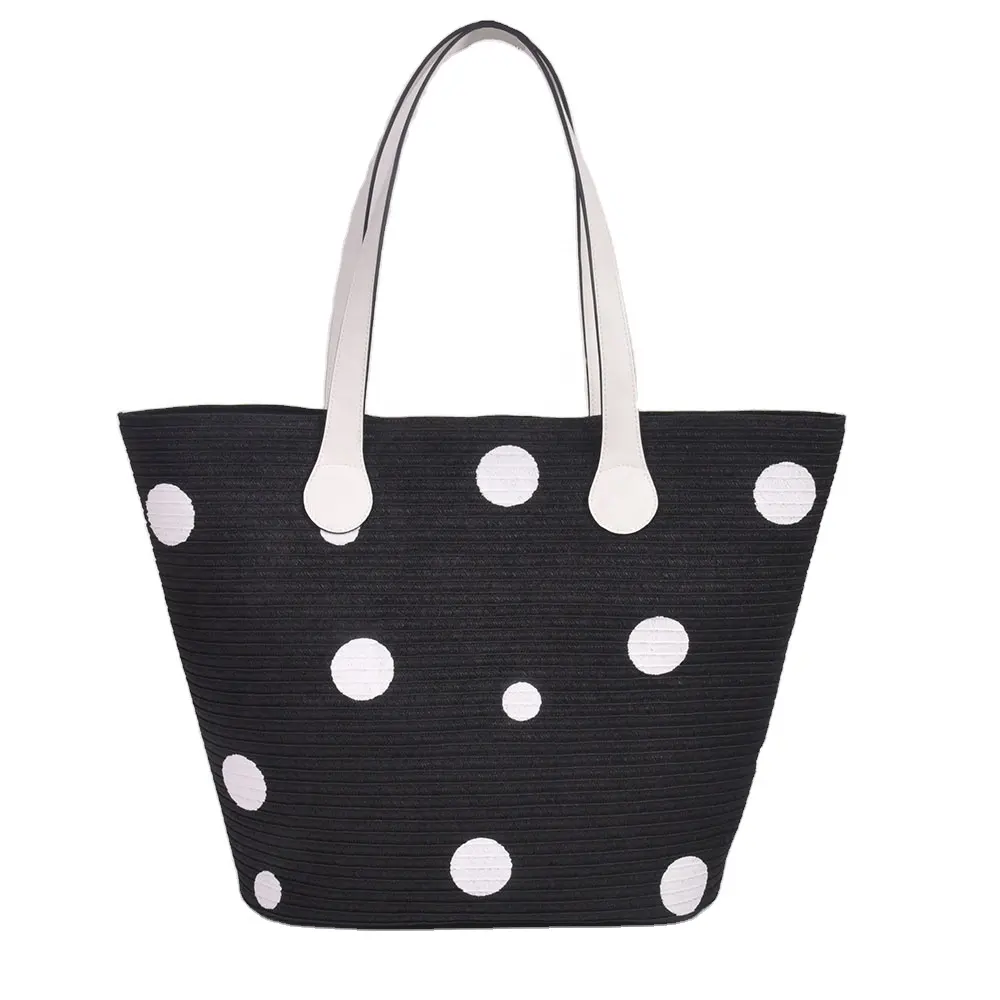 Damen White Polka Dot Paper Braid Gewebte Handtasche Lässig Modische XXL Summer Beach Holiday Straw Tote mit Polyester futter