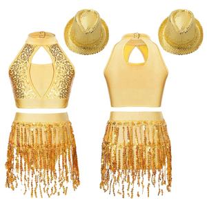 6-16 Kids Girls <b>Crop</b> <b>Top</b> With Tassel Briefs Hat Sets For Latin <b>Dance</b> Training Stage Performance Competition Celebration Festival - Product Image 2