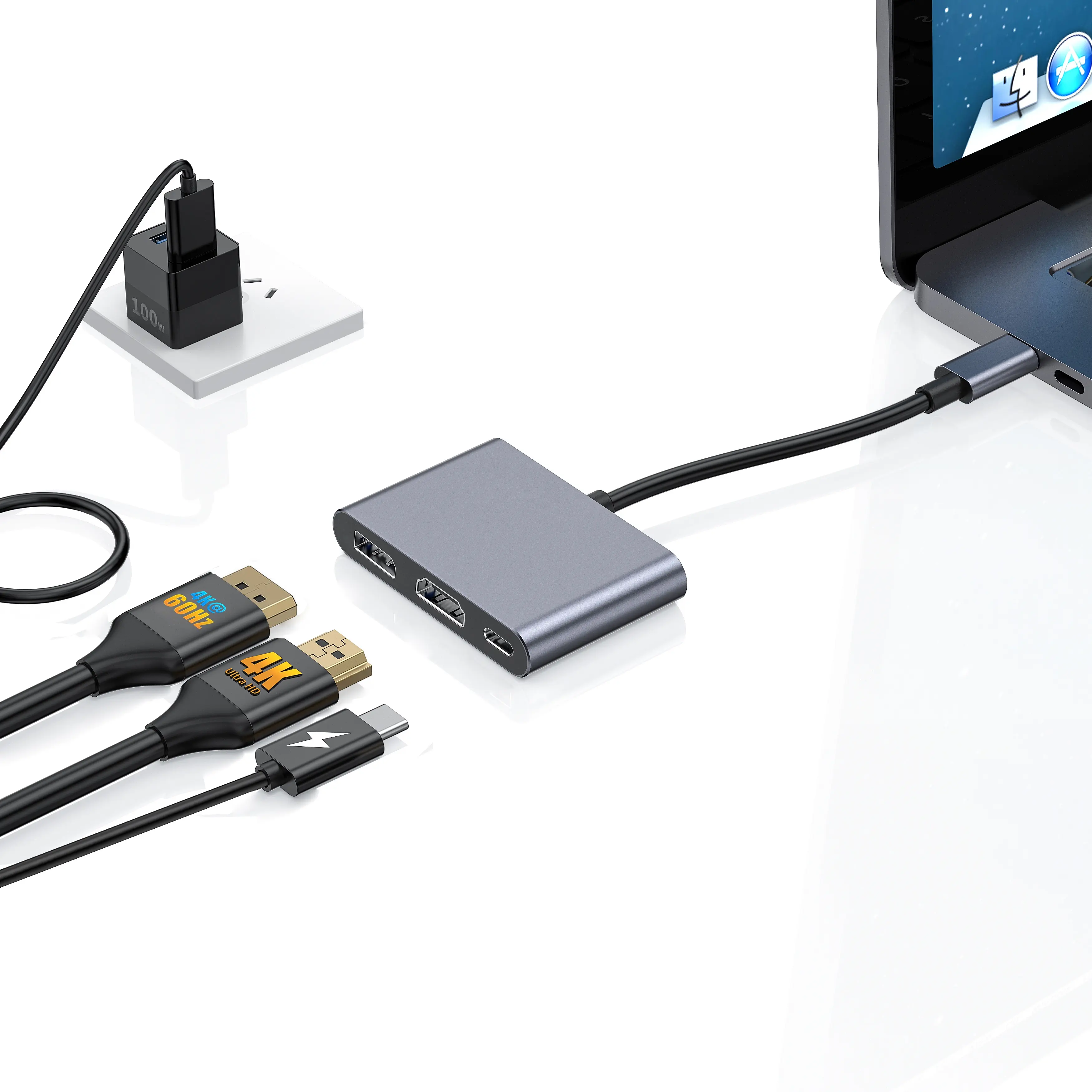 Forida USB Loại C để HDMI và DisplayPort Bộ chuyển đổi Hub, hợp kim nhôm 3 trong 1 HUB với PD 100W sạc cho máy tính xách tay