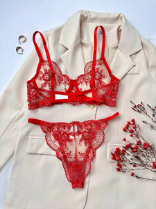 Wholesale Floral Embroidery Lingerie <b>Set</b> <b>Sexy</b> Sheer Mesh Underwire Bra and Thong Panties <b>Set</b> 2 Piece Lace Intimates <b>Set</b> with Bow - Product Image 5