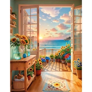 Peinture sur toile peinte à la main XIXI, série paysage, coucher de soleil en bord de mer, balcon, sans cadre, magnifique art décoratif pour la maison, peinture décorative DIY - Product Image 1