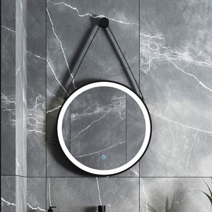 Miroir <span class=keywords><strong>de</strong></span> <span class=keywords><strong>salle</strong></span> <span class=keywords><strong>de</strong></span> <span class=keywords><strong>bain</strong></span> LED rond noir encadré avec sangle en cuir, rétroéclairage halo tactile pour hôtel moderne industriel, vente en gros - Product Image 1