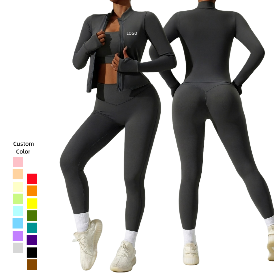 High Quality Tummy Control Yoga Set Women Quick Dry Sportswear Gym Fitness Leggings and Jacket 3 Pcs Set Custom Label OEM