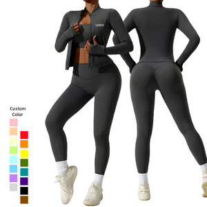 High Quality Tummy <b>Control</b> Yoga Set Women Quick Dry Sportswear Gym Fitness Leggings and Jacket 3 Pcs Set Custom Label OEM - Product Image 1