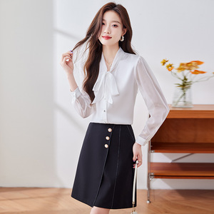 Women's <b>White</b> Chiffon Blouse With Bow Tie Long Sleeve Office Shirt Solid Color Polyester Fabric Irregular Design YZH6585 - Product Image 3