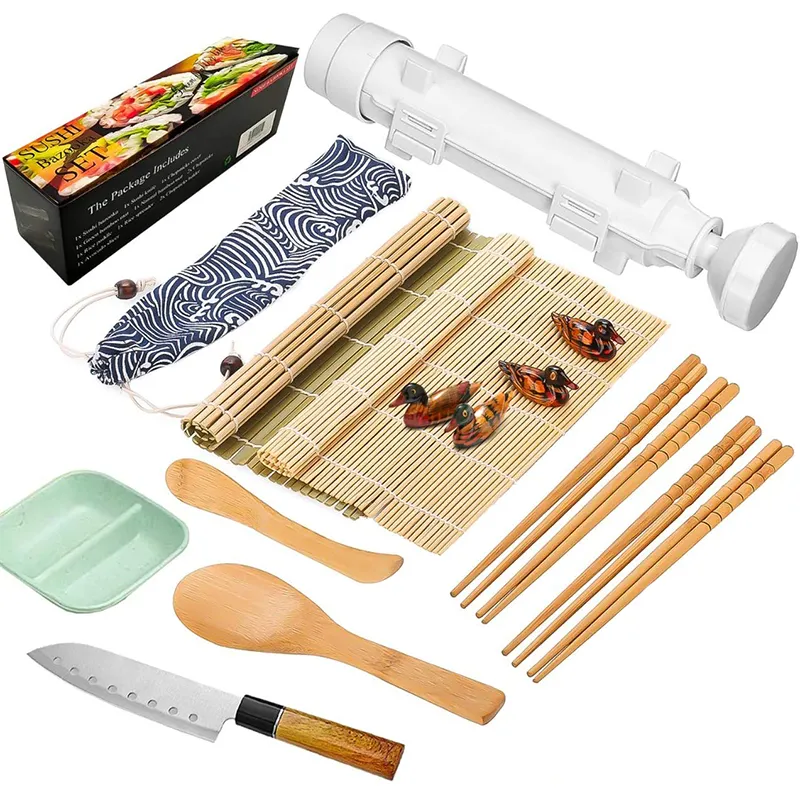 Beginners DIY Rolling Kitchen, Natural Bamboo Sushi Maker Mats Sushi Mold Set Sushi Making Kit White With Plates/