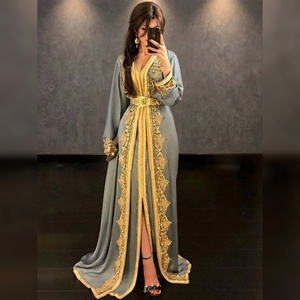 Robe Kaftan Marocaine Élégante en Satin, Anti-Plis Naturel, Respirante, Broderie Florale Perlée, Longueur Ras du Sol, Coupe Confortable pour Soirée - Product Image 3