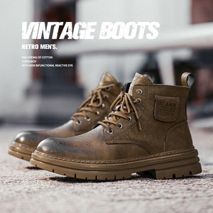 Bottes Martin pour hommes, hauteur cheville, bout rond, cuir pleine fleur, style combat, semelle extérieure en caoutchouc résistante à l'abrasion - Product Image 3