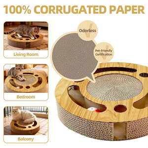 Tappetino Interattivo per Gatti 2 in 1 in Cartone Ondulato Rotondo con Effetto Legno, Resistente all'Usura, con Tiragraffi e Palla - Product Image 3