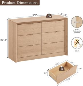 Wide Natural Oak <b>6</b> <b>Drawer</b> Dresser Hidden Recessed Tab Handles 2in Thick Top Anti-Tip Device Mid Bedroom Storage Chest - Product Image 4