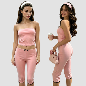 Conjunto de Verano, Nuevo, Moderno, Informal, Top Tubo, Pantalones Cortos a Media Pierna, con Encaje, Lazo, Bloques de Color, Dos Piezas, para Mujer - Product Image 1