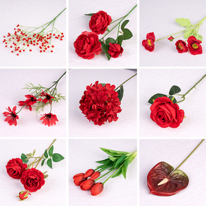 Fleurs artificielles Timo, rose rouge en soie, branche unique, décoration de mariage - Product Image 5