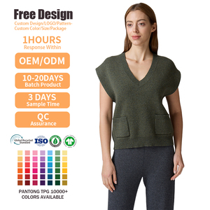 Casual <b>Wool</b> Knit Layering Batwing Shoulder Sleeveless Pullover with Pockets Solid Color V Neck Knit <b>Vest</b> for Women - Product Image 2