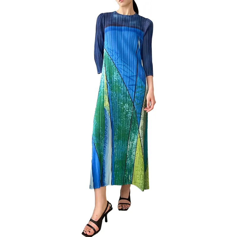 Autumn Women's Long Gowns Dresses Blue Green Printed Dresses Fashion Pleated Dresses