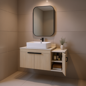 Meuble de salle de bain moderne avec vasque en céramique de 42 pouces, plateau en pierre plate, porte à fermeture douce et miroir inclus - Product Image 2