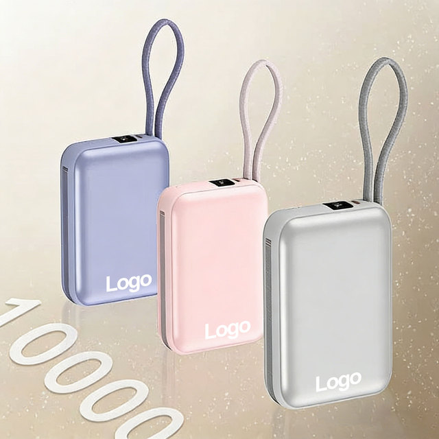 Mini Portable 10000mAh Fast Charging Power Bank, Battery-Powered, Color Customizable with Built-in Cable
