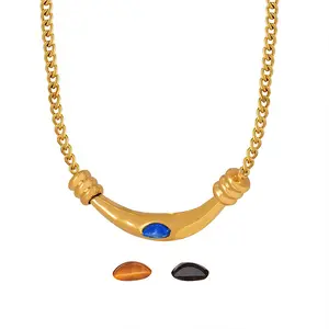 Vente en gros de colliers à pendentif vintage en pierres précieuses, collier à pendentif ambre en acier inoxydable plaqué or 18 ct pour femmes